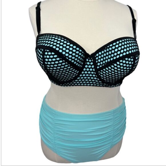Rue Bleu Aqua/Black Plus Size Ruched Bikini - 3X‎ - Picture 1 of 13